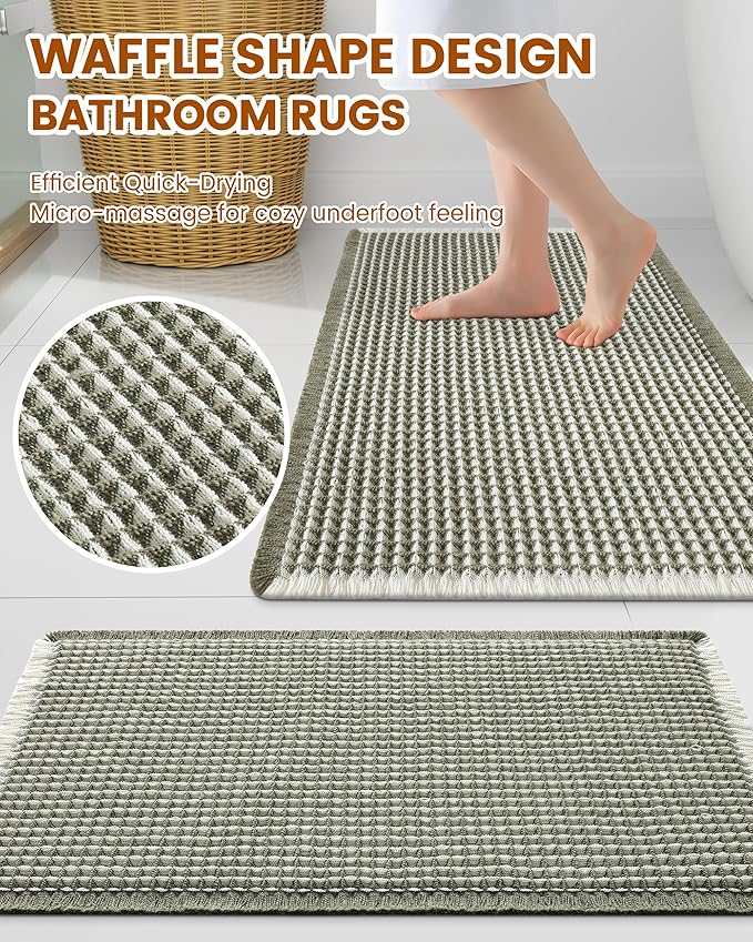 Smiry Waffle Bath Mat 24x16, Extra Soft Absorbent Bathroom Rugs, Non Slip Machine Washable Quick Dry Bath Rugs for Bathroom Floor, Tub, Shower, Home Decor Accessories, Green & Cream