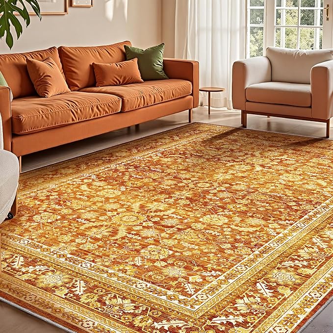 OPPODREAM Vintage Orange Area Rugs 4x6, 4 x 6 Retro Washable Rug Non Slip, Low-Pile Faux Wool Carpet, Distressed Floor Mat for Living Room, Bedroom, Kitchen, Office, Dorm, Dinning Room