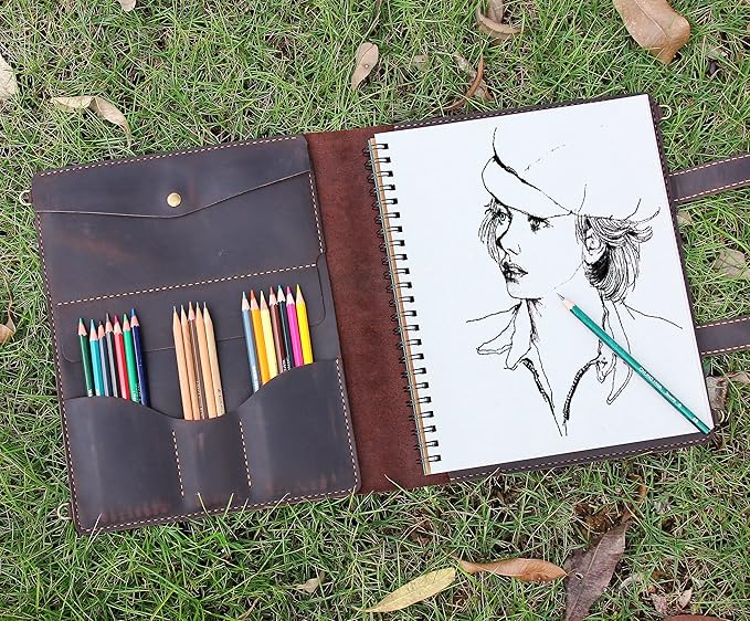 Robrasim Handmade Leather Sketchbook Cover, Artist Sketch Pad Holder for 9"X12" Sketchbook, Drawing Book and Pencil Case, Journal Notebook Portfolio with Shoulder Strap, Artist Gifts, Coffee