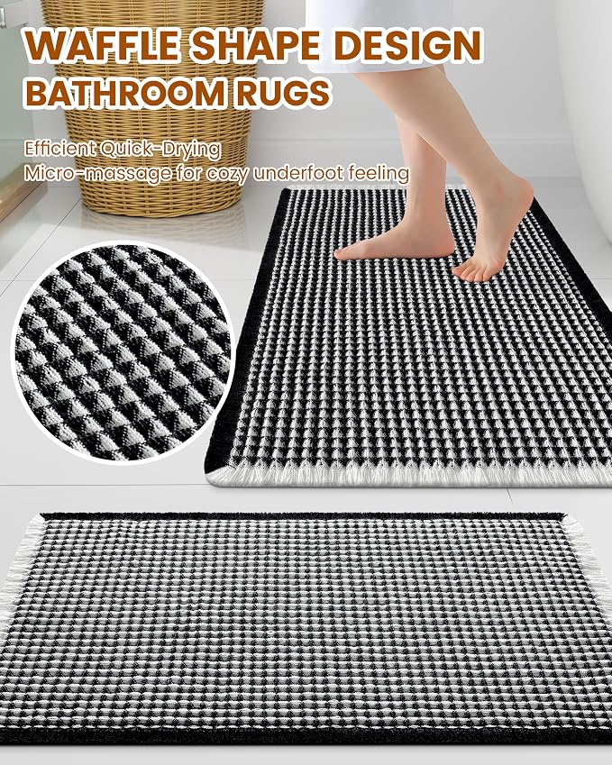 Smiry Waffle Bath Mat 30x20, Extra Soft Absorbent Bathroom Rugs, Non Slip Machine Washable Quick Dry Bath Rugs for Bathroom Floor, Tub, Shower, Home Decor Accessories, Black & Cream