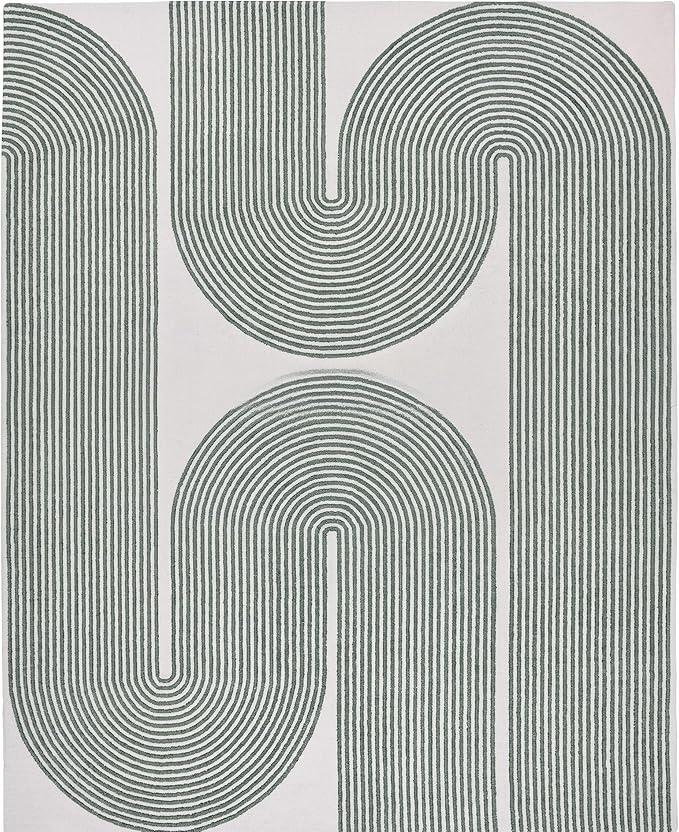 Modern Handmade Wool Area Rug, Abstract Curved Line Geometric Indoor Carpet for Living Room Bedroom, Contemporary Tufted Rug with Soft Pile and Cotton Backing (Sage Green, 3' x 5')