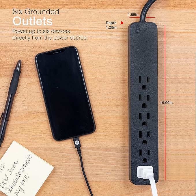 GE Pro 6-Outlet Surge Protector, 8 Ft Extension Cord, 1560 Joules, Power Strip, Flat Plug, Integrated Circuit Breaker, Wall Mount, UL Listed, Black, 37052