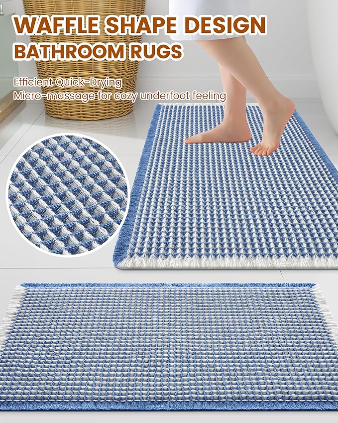 Smiry Waffle Bath Mat 60x24, Extra Soft Absorbent Bathroom Rugs, Non Slip Machine Washable Quick Dry Bath Rugs for Bathroom Floor, Tub, Shower, Home Decor Accessories, Blue & Cream