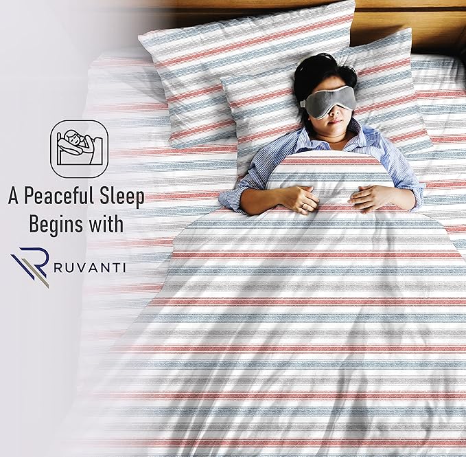 RUVANTI 100% Cotton King Size Sheets Set, 4 Pieces, Soft & Breathable Percale Weave Bedding, Deep Pocket 16", Hotel Standard, Crisp Cool Feel, Durable, Perfect Striped Bed Sheet, Times