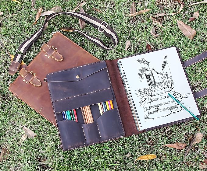 Robrasim Handmade Leather Sketchbook Cover, Artist Sketch Pad Holder for 9"X12" Sketchbook, Drawing Book and Pencil Case, Journal Notebook Portfolio with Shoulder Strap, Artist Gifts, Coffee