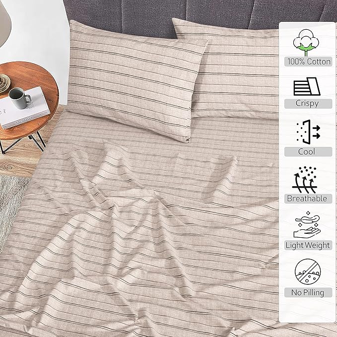 RUVANTI 100% Cotton Twin XL Sheet Sets, 3 Pieces, Soft & Breathable Percale Weave Bedding, Deep Pocket 16", Hotel Standard, Crisp Cool Feel, Durable, Perfect Size Striped Sheets, Brown Stripes