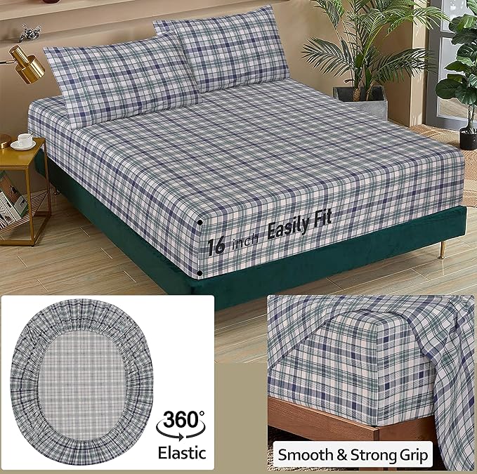 RUVANTI 100% Cotton King Size Sheets Set, 4 Pieces, Soft & Breathable Percale Weave Bedding, Deep Pocket 16", Hotel Standard, Crisp Cool Feel, Durable, Perfect Plaid Bed Sheet, Greenish Blue Plaid