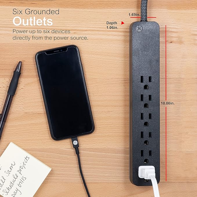 GE UltraPro 6 Outlet Surge Protector, 6 Ft Designer Braided Extension Cord, Flat Plug, Long Power Cord, Wall Mount, Black, 45271