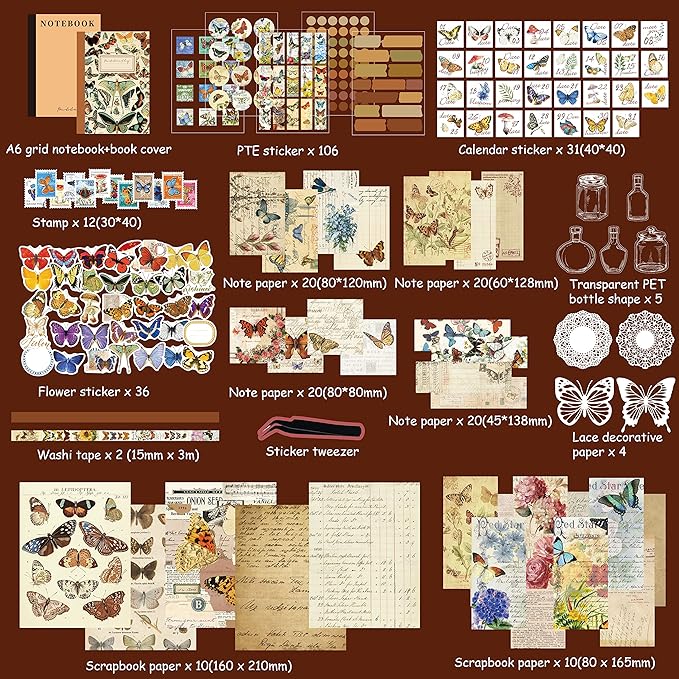 emmoolife Vintage Aesthetic Scrapbooking Supplies Kit, Butterfly Junk Journal Scrapbook Kit with Journaling Supplies, A6 Grid Notebook, Stationery, Birthday Craft Gift Set for Teen Girl Women