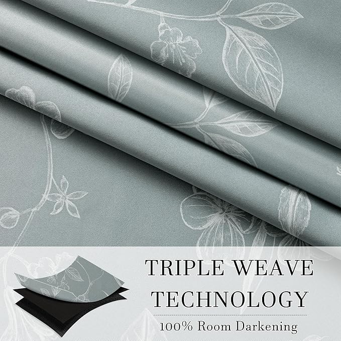 ChrisDowa Grey 100% Blackout Floral Curtains 72 Inches Long 2 Panels for Bedroom Living Room White Flower Patterned Room Darkening Thermal Insulated Soundproof Grommet Window Treatments Drapes,52X72