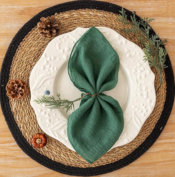 Cloth Napkins 17x17 Inches, Set of 10 Emerald Green Cotton, Includes 10 Sisal Ropes, Perfect for Lunch, Dinner, Wedding, Baby Shower, Boho Decorations