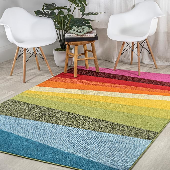 JONATHAN Y Prism Geometric Striped Indoor Area Rug 4x6, Orange/Green/Blue, Modern, Coastal, Easy-Cleaning for Living Room, Bedroom, Kitchen, Pet Friendly, Non-Shedding (DZC101A-4)
