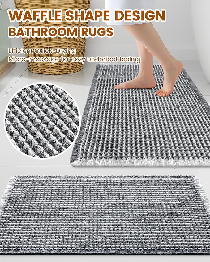 Smiry Waffle Bath Mat 36x24, Extra Soft Absorbent Bathroom Rugs, Non Slip Machine Washable Quick Dry Bath Rugs for Bathroom Floor, Tub, Shower, Home Decor Accessories, Darkgrey & Cream