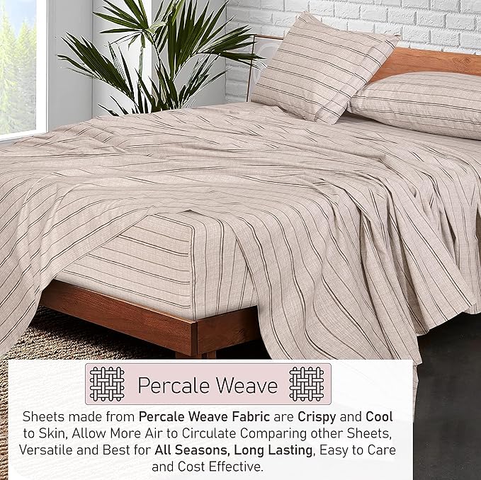 RUVANTI 100% Cotton Twin XL Sheet Sets, 3 Pieces, Soft & Breathable Percale Weave Bedding, Deep Pocket 16", Hotel Standard, Crisp Cool Feel, Durable, Perfect Size Striped Sheets, Brown Stripes